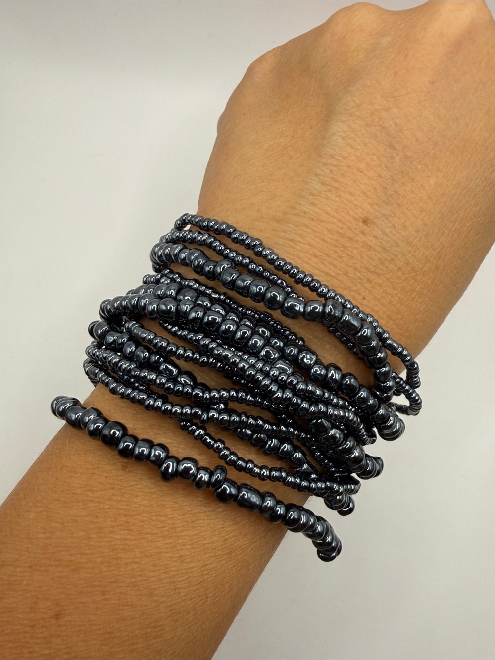 Vintage Silver Gray Seed Beaded Multi Layered Bangle Cuff Statement Bracelet